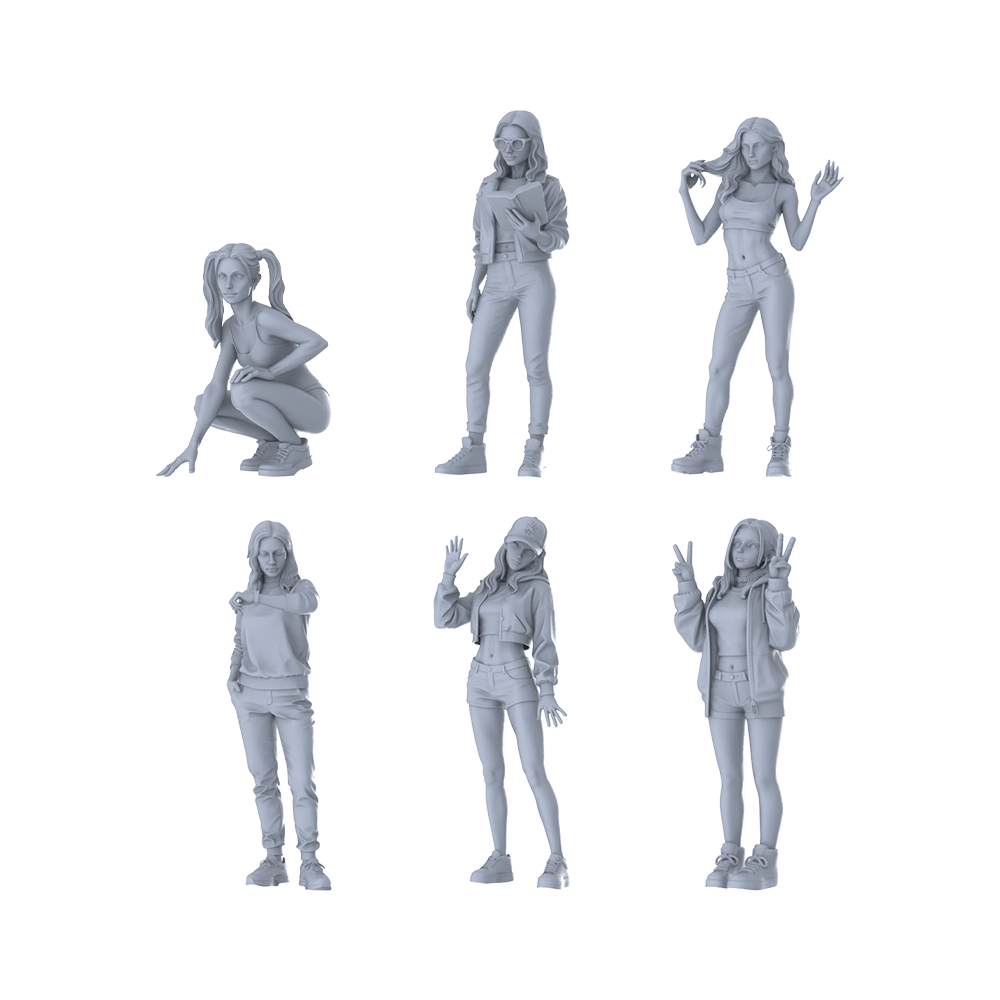 MRY-SFW LYTR649 Modern Youthful Vitality Style Young Female Multi-Pose Six-Person Set Miniature Car Diorama Figures Scene Props Accessories Resin