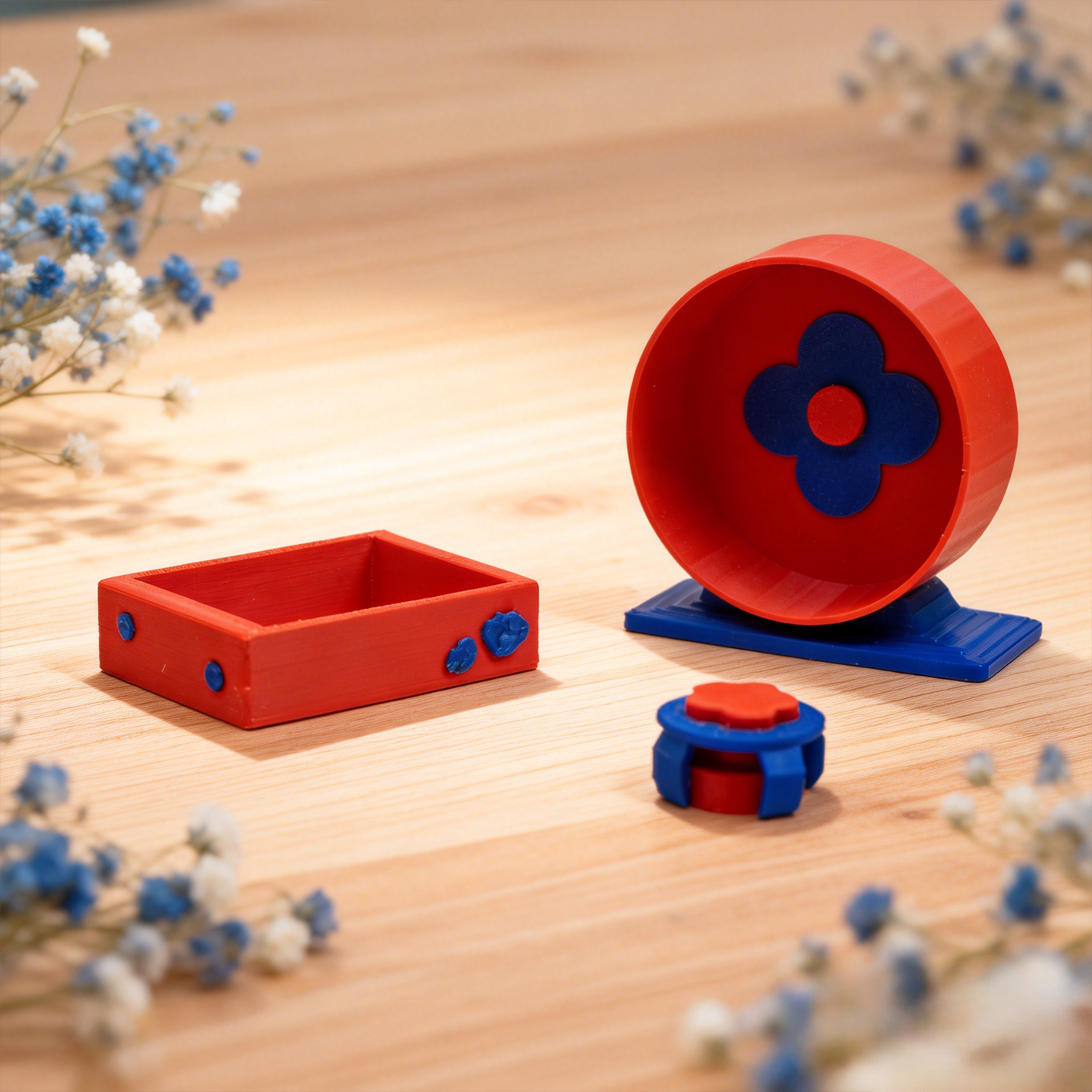 RHF331 Pet Toy 3-Piece SetExercise Wheel, Food Bowl with Storage & Food Dispenser Toy Playful Red & Blue Pet Toy 3-Piece Set
