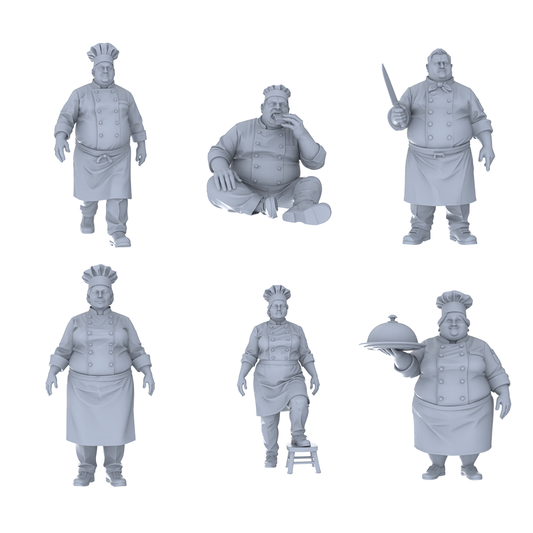 MRY-SFW LYTR688 Modern Figure Fat Chef Food Service 6 pcs Miniature Car Diorama Figures Scene Props Accessories Resin
