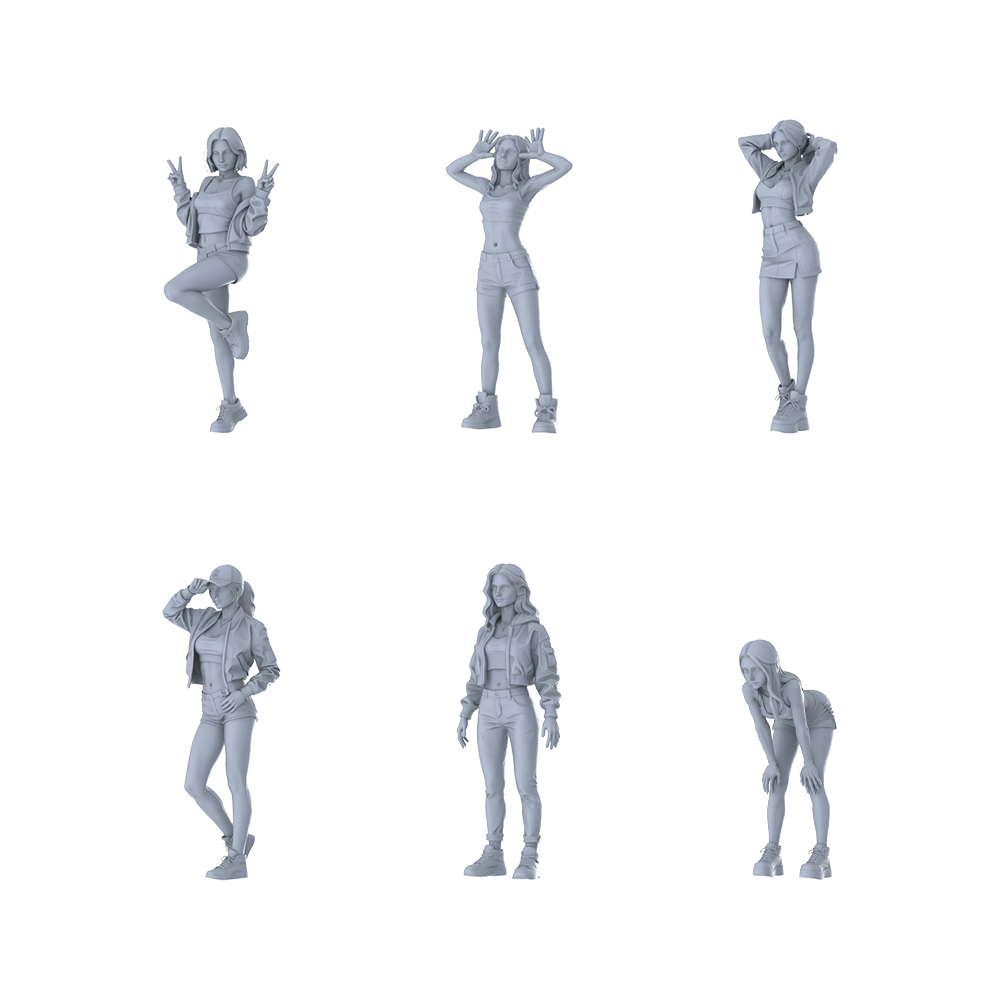 MRY-SFW LYTR631 Modern Sweet Cool Hot Girl Style Young Female Multi-Pose Six-Person Set Miniature Car Diorama Figures Scene Props Accessories Resin