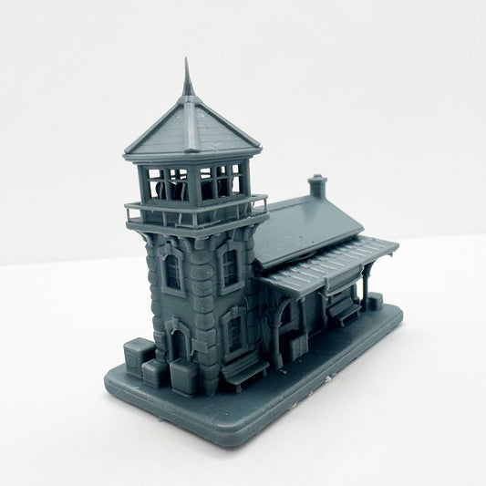 MRY-SFW LYTS125 Stone Train Station with Watchtower 3D Printed Retro Railway Miniature for Model Train Scenes Collectors or Desktop Decoration