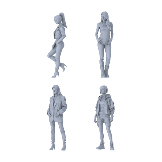 MRY-SFW LYTR642 Modern Multi-Style Young Female Multi-Pose Four-Person Set Miniature Car Diorama Figures Scene Props Accessories Resin