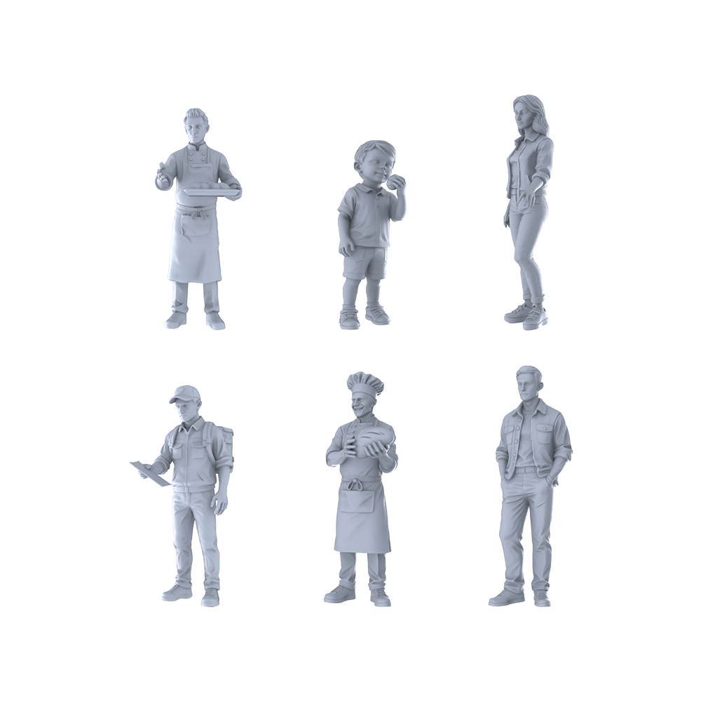 MRY-SFW LYTR474 Modern Street Food Workers Food Group of 6 Miniature Car Diorama Figures Scene Props Accessories Resin