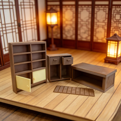 RHF12254 Wine Cabinet & Bar Counter 3D Printed Wood-Style Miniature Furniture Wine Cabinet Bar Counter Storage Box Shelf Model