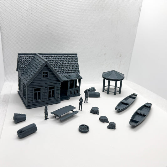 Yao's Studio LYTS059  S Scale 3D Model Railway Train Related Items Gazebo Log Cabin Campfire Table Figures And Small Boat