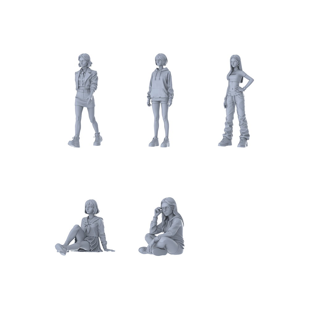 MRY-SFW LYTR647 Modern Youthful Multi-Style Young Female Multi-Pose Five-Person Set Miniature Car Diorama Figures Scene Props Accessories Resin