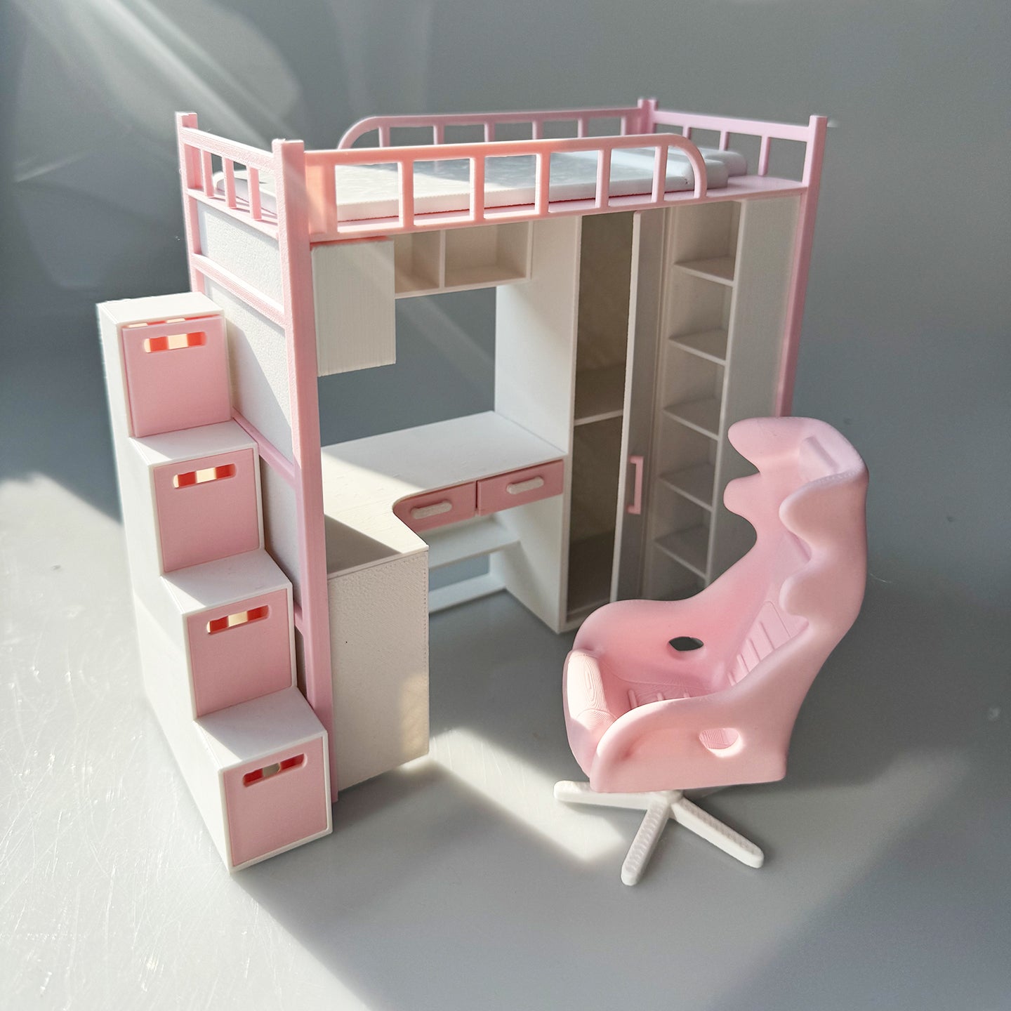 RHF218 Desk Set E-sports Chair 1:12 Scale 3D Printed Dollhouse Loft Bed Desk Set Gaming Chair Pink & White Miniature Furniture for BJD/OB Dolls