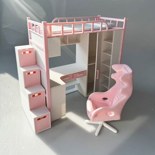 RHF218 Desk Set E-sports Chair 1:12 Scale 3D Printed Dollhouse Loft Bed Desk Set Gaming Chair Pink & White Miniature Furniture for BJD/OB Dolls