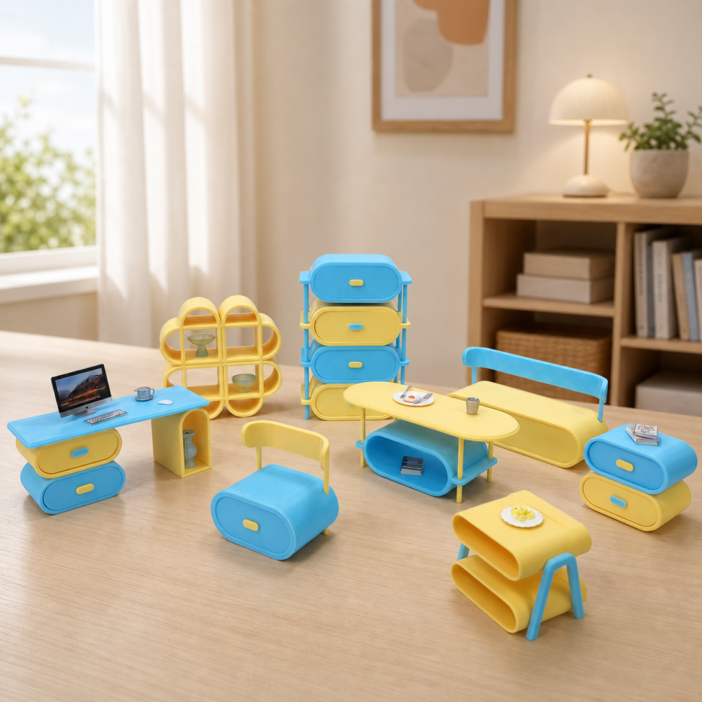 RHF541A Macaron blue and yellow color-blocked curved furniture set Macaron-colored dollhouse furniture, playful blue and yellow contrast dollhouse set, creamy-style mini furniture, dollhouse miniature scene furniture