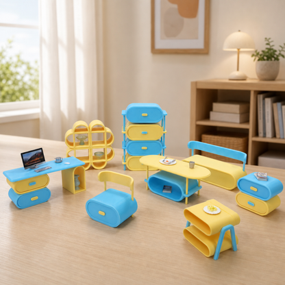RHF541A Macaron blue and yellow color-blocked curved furniture set Macaron-colored dollhouse furniture, playful blue and yellow contrast dollhouse set, creamy-style mini furniture, dollhouse miniature scene furniture