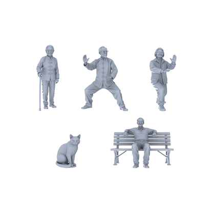 Yao's Studio LYTR219 Unpainted Miniature Urban Scene 5-Piece Set - Elderly Exercising, Resting on Bench & Cat for Diorama Creation Miniatures Diorama Resin Figures