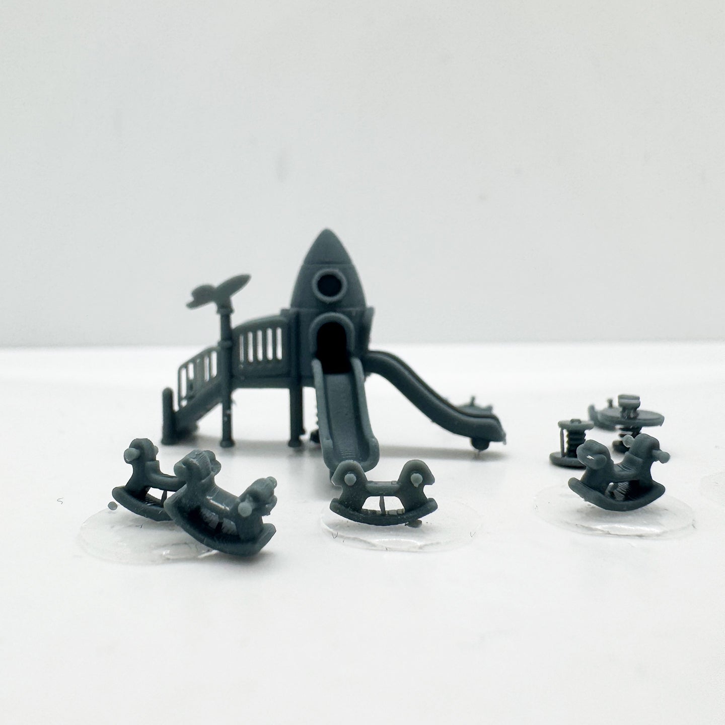 LYTS174 3D Printed Rocket-Themed Playground Equipment Model Set - Train Railway Miniature Scene Decor Ornament