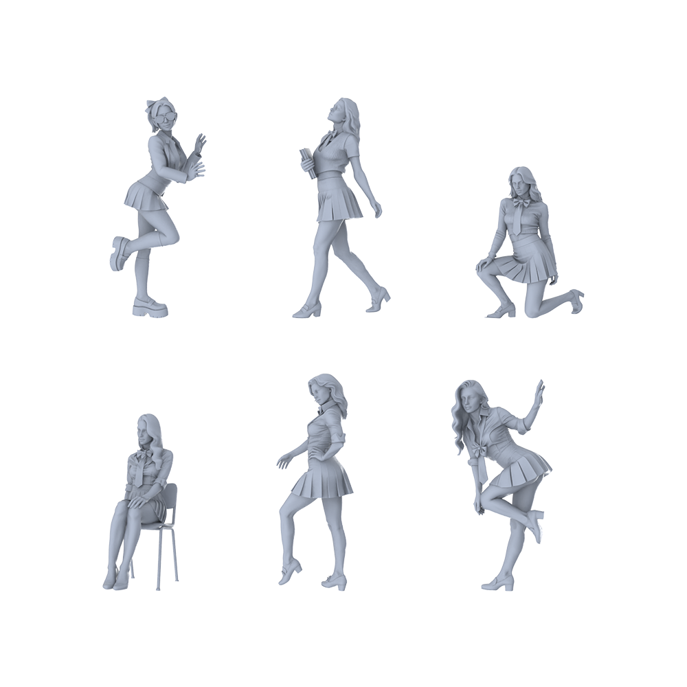 MRY-SFW LYTR561 Modern Campus Youth Girls Pose Group of 6 Miniature Car Diorama Figures Scene Props Accessories Resin