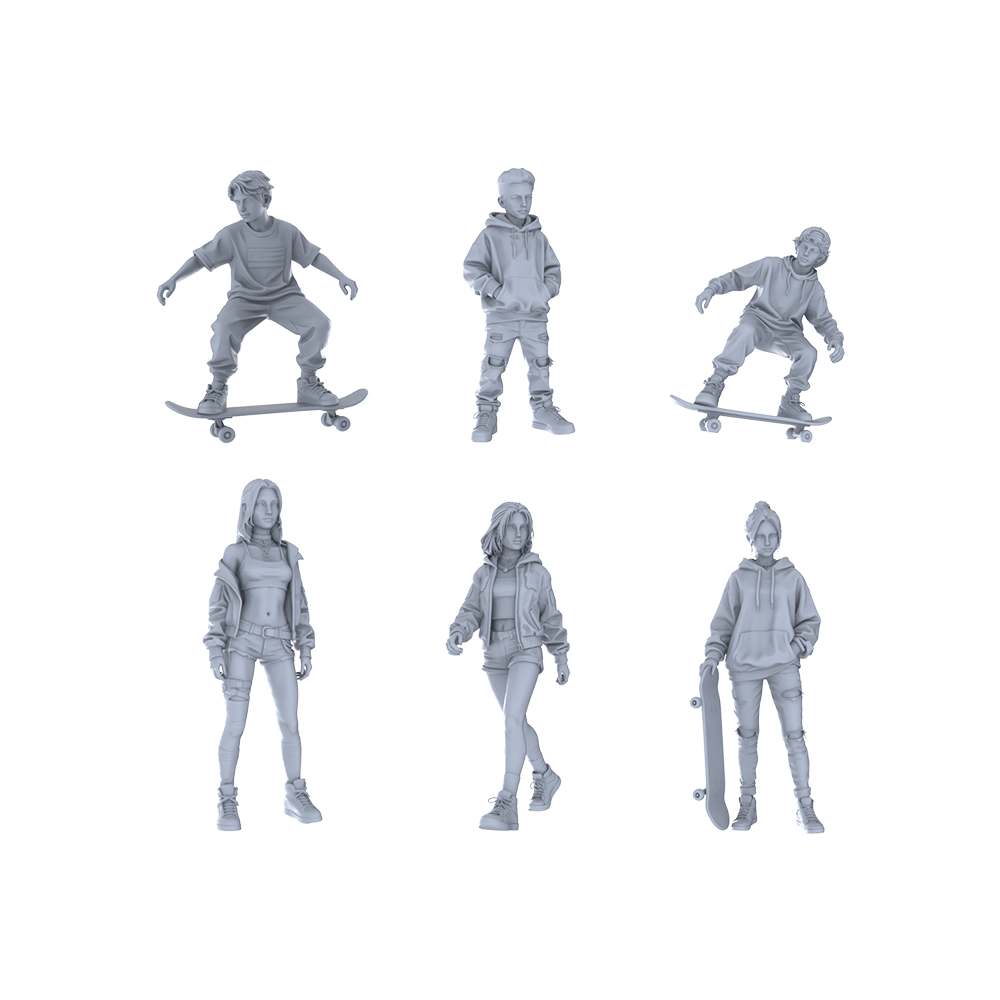 Yao's Studio LYTR327 Unpainted Skateboarder Miniatures 6-Pack | For Street Diorama & Hobby Painting Miniatures Diorama Resin Figures