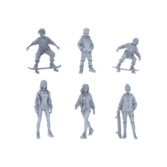 Yao's Studio LYTR327 Unpainted Skateboarder Miniatures 6-Pack | For Street Diorama & Hobby Painting Miniatures Diorama Resin Figures