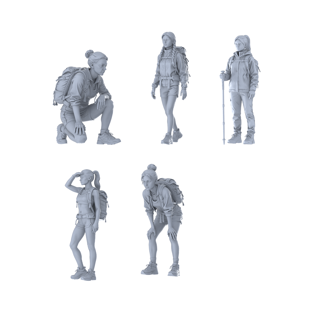 MRY-SFW LYTR676 Modern Outdoor Hiking Mountaineering Style Female Multi-Pose Five-Person Set Miniature Car Diorama Figures Scene Props Accessories Resin