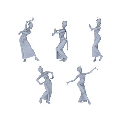 Yao's Studio LYTR178 Dai Dance Girls Resin Miniature Model 5-Figure Set, Unpainted Ethnic Dance Figures, DIY Painting Scene Decoration Miniatures Diorama Resin Figures