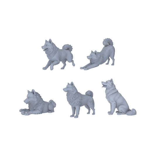 Yao's Studio LYTR251  Alaskan Malamute Resin Miniature Model 5-Figure Set, Unpainted Cute Interactive Pet Figures, DIY Painting Scene Decoration Miniatures Diorama Resin Figures