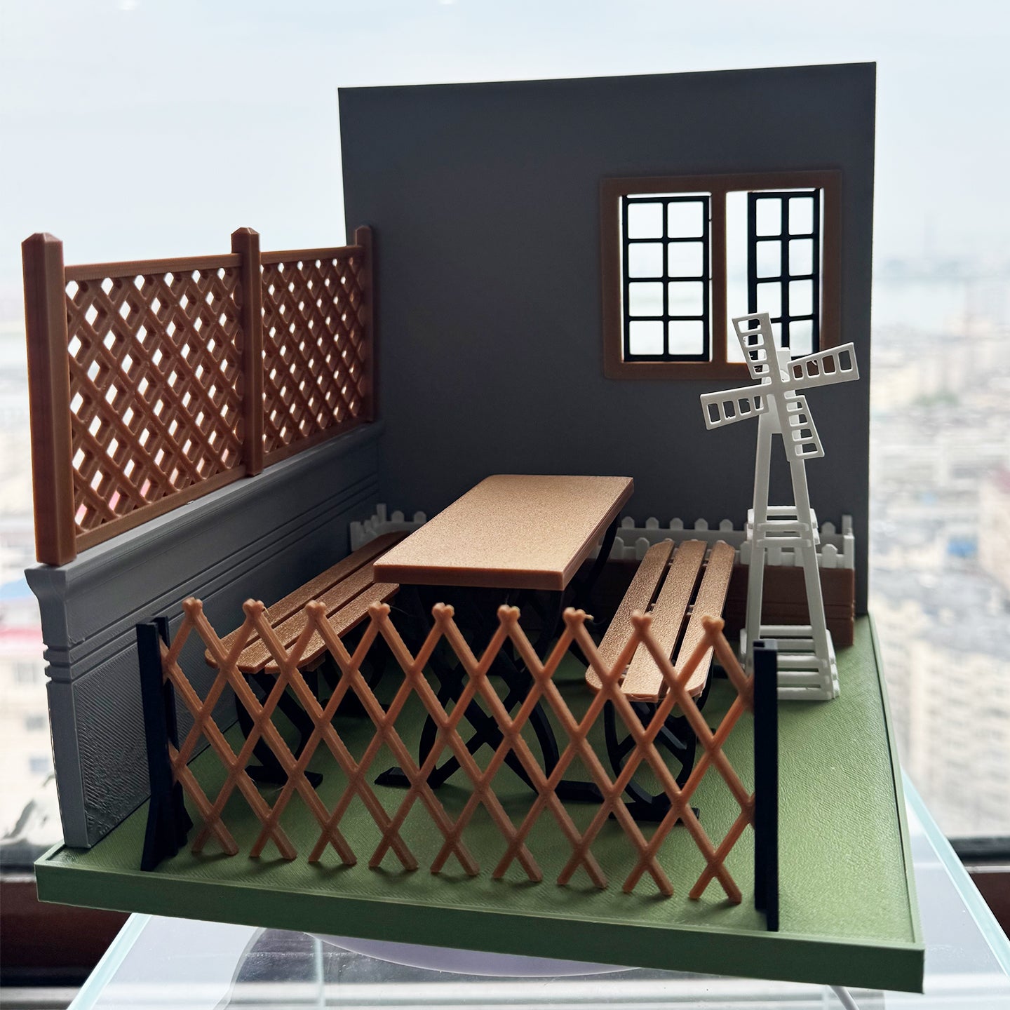 RHF121016 Courtyard 1:12 Scale Dollhouse 3D Printed Miniature Model - Garden Scene With Windmill Table And Chairs