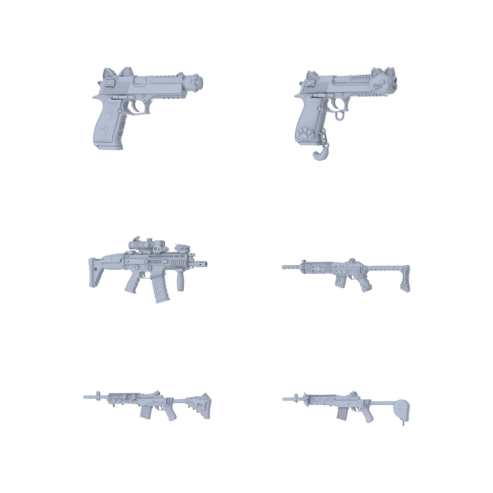 MRY-SFW LYGS103 Kawaii Fantasy Modified Tactical Gun 3D Models - 6 Piece Untextured Set
