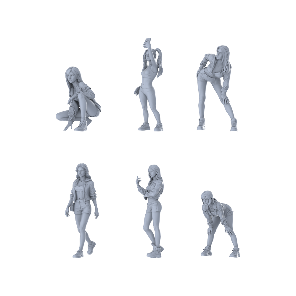 MRY-SFW LYTR661 Modern Casual Daily Style Young Female Multi-Pose Six-Person Set Miniature Car Diorama Figures Scene Props Accessories Resin