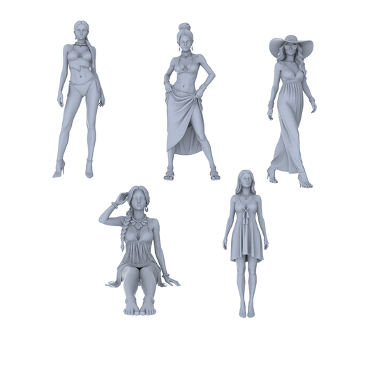 MRY-SFW LYTR736 Modern Beach Vacation Female 5 pcs Miniature Car Diorama Figures Scene Props Accessories Resin