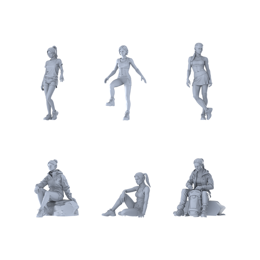 MRY-SFW LYTR679 Modern Sports Casual Style Female Multi-Pose Six-Person Set Miniature Car Diorama Figures Scene Props Accessories Resin