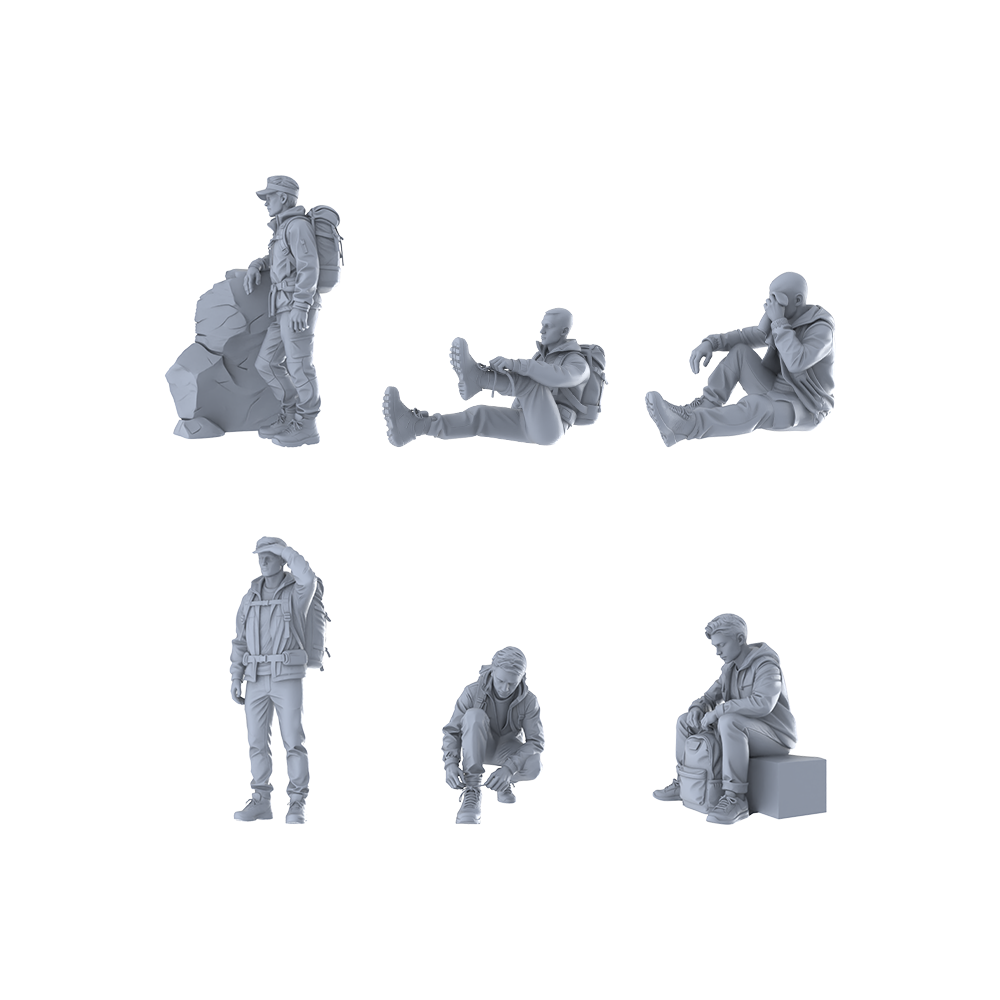 MRY-SFW LYTR678 Modern Outdoor Hiking Rest Style Male Multi-Pose Six-Person Set Miniature Car Diorama Figures Scene Props Accessories Resin