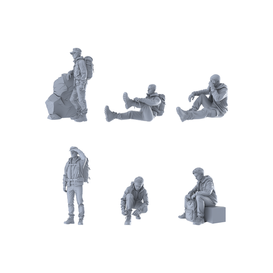 MRY-SFW LYTR678 Modern Outdoor Hiking Rest Style Male Multi-Pose Six-Person Set Miniature Car Diorama Figures Scene Props Accessories Resin
