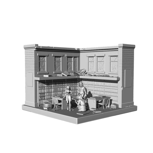 MRY-SFW LYTS325 3D Printed Ruined Library Diorama with Zombie Student Miniatures, Post-Apocalyptic Terrain for Tabletop Wargames