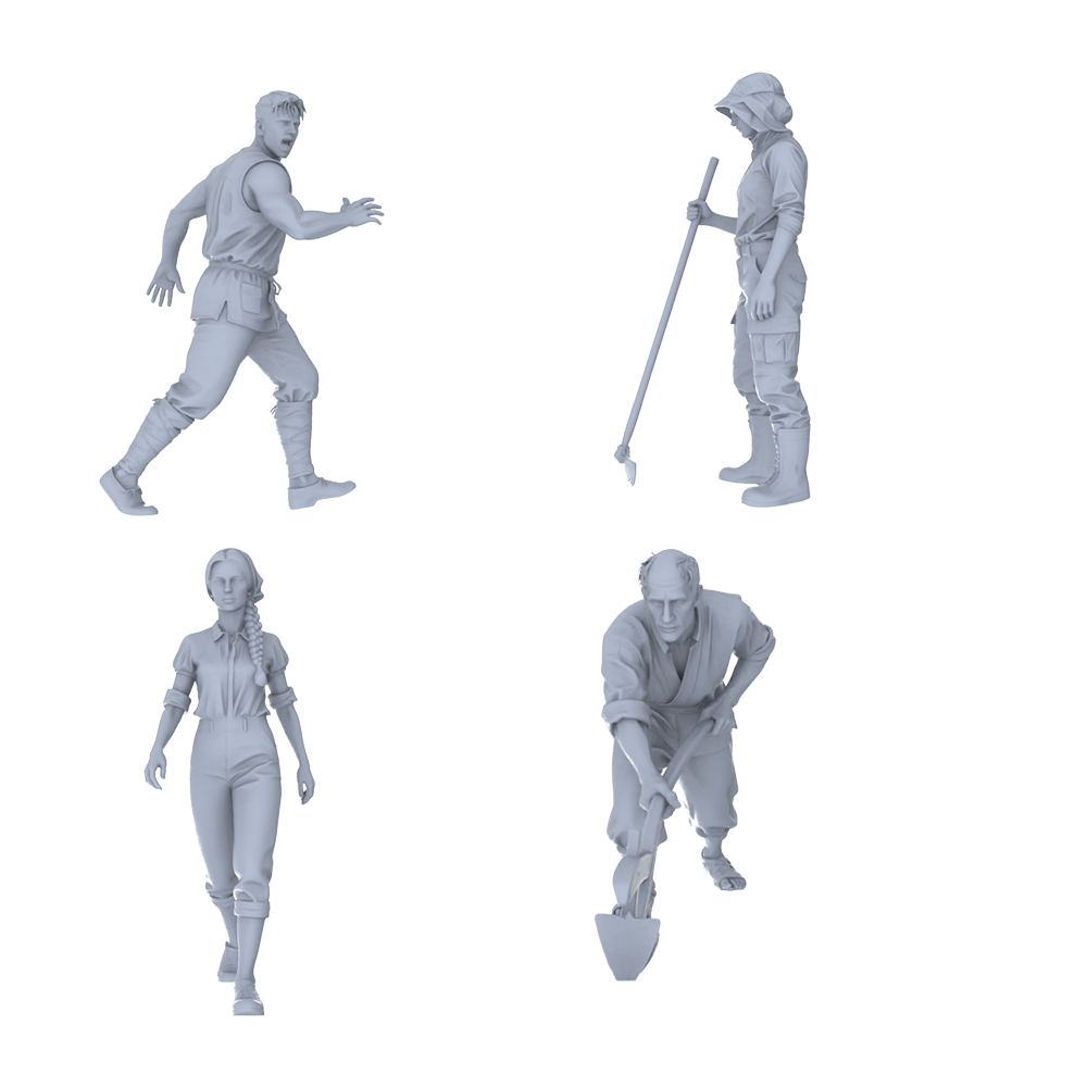MRY-SFW LYTR775 Outdoor Laboring Dynamic Figure 4 pcs Miniature Car Diorama Figures Scene Props Accessories Resin