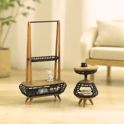 RHF0465B Side table for both humans and cats Human-cat shared miniature furniture natural wood style miniature side table mini hollow-out furniture