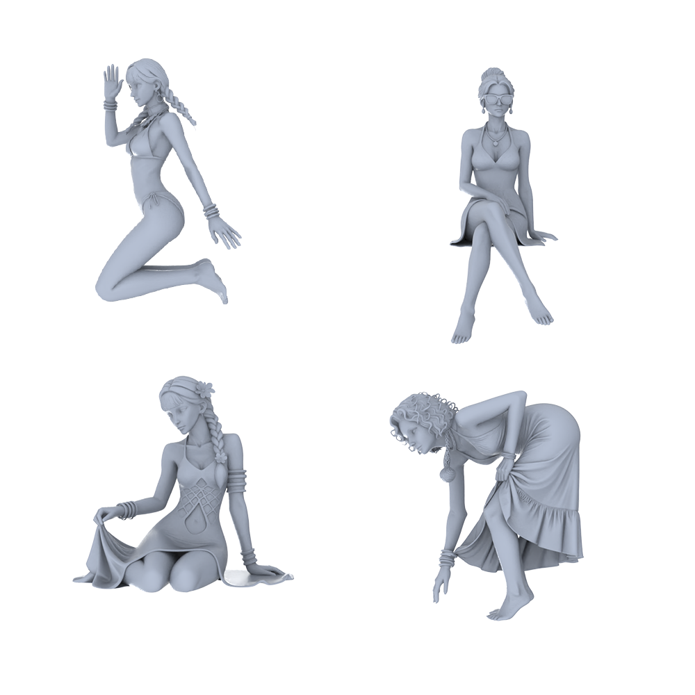 MRY-SFW LYTR741 Modern Beach Sitting Female 4 pcs Miniature Car Diorama Figures Scene Props Accessories Resin