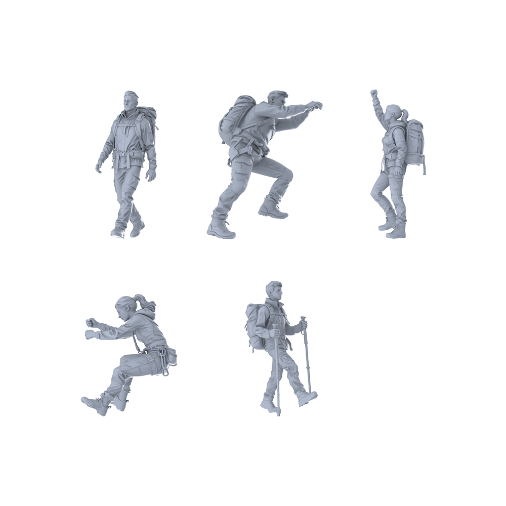 MRY-SFW LYTR677 Modern Outdoor Mountaineering Climbing Style Multi-Character Multi-Pose Five-Person Set Miniature Car Diorama Figures Scene Props Accessories Resin