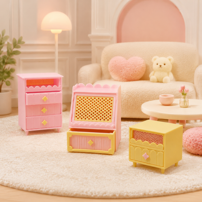 RHF542C  INS Creamy Yellow Wavy Storage Cabinet Set Macaron-colored dollhouse furniture, playful pink and yellow contrasting dollhouse set, creamy mini furniture, dollhouse miniature scene furniture, trendy wavy furniture