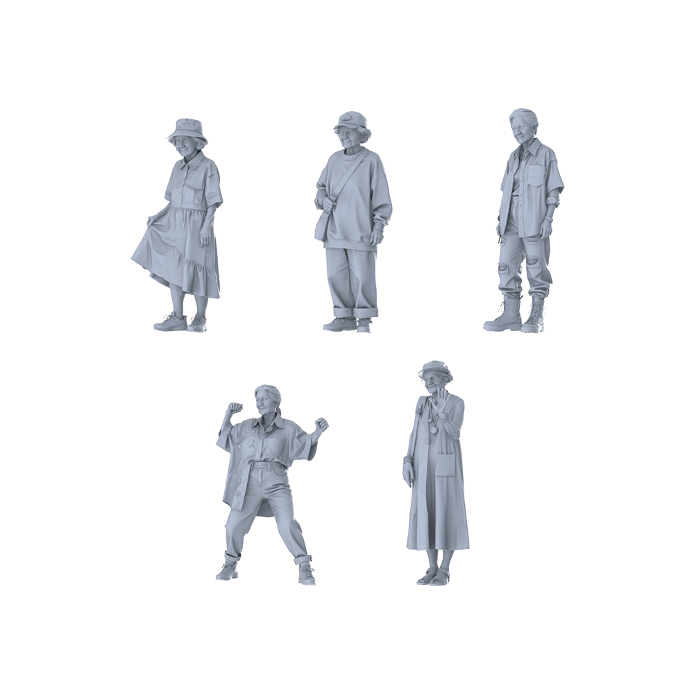 MRY-SFW LYTR646 Modern Trendy Vitality Style Elderly Female Multi-Pose Five-Person Set Miniature Car Diorama Figures Scene Props Accessories Resin