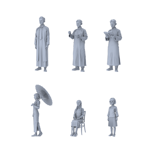 Yao's Studio LYTR288 Republic of China Youth Hexad Resin Miniature Model 6-Figure Set, Unpainted Daily Life Figures, DIY Painting Scene Decoration Miniatures Diorama Resin Figures