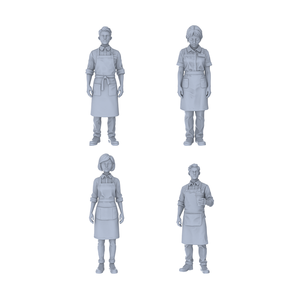 Yao's Studio LYTR230  Miniature Food Service 4-Piece Unpainted Models - Apron Staff Figures for DIY Diorama & Custom Painting Miniatures Diorama Resin Figures