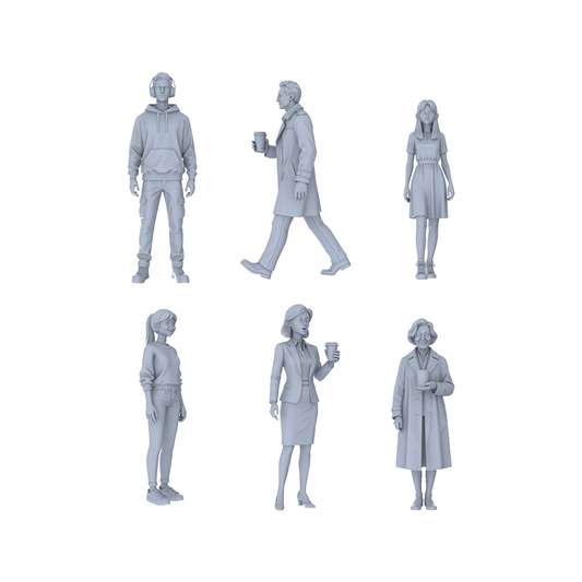 Yao's Studio LYTR242 Unpainted Modern Urban Men & Women 6-Pack, Miniature Diorama Accessories for Model Painters & Scene Enthusiasts Miniatures Diorama Resin Figures