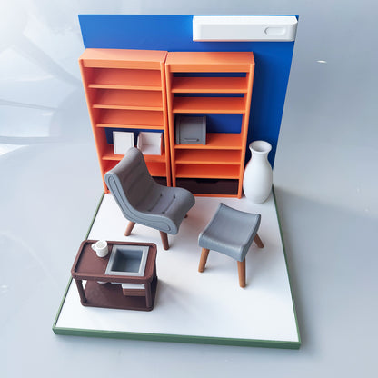 RHF121003 1/12 Resting Corner Framework 3D Printing DIY Miniature Scenes1:12 scale leisure dollhouse miniature recliner, bookshelf, tea table