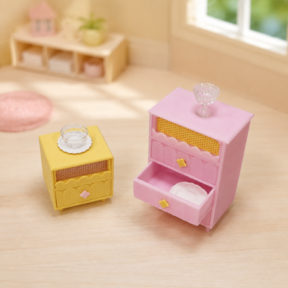 RHF542A  INS Creamy Yellow Wavy Storage Cabinet Set Macaron-colored dollhouse furniture, playful pink and yellow contrasting dollhouse set, creamy mini furniture, dollhouse miniature scene furniture, trendy wavy furniture