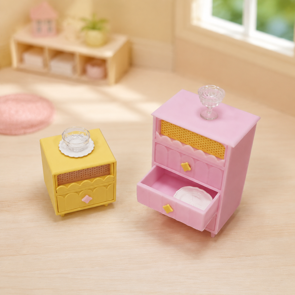 RHF542B  INS Creamy Yellow Wavy Storage Cabinet Set Macaron-colored dollhouse furniture, playful pink and yellow contrasting dollhouse set, creamy mini furniture, dollhouse miniature scene furniture, trendy wavy furniture
