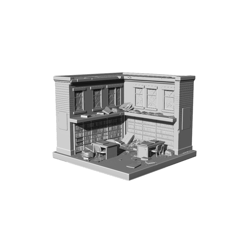 MRY-SFW LYTS325 3D Printed Ruined Library Diorama with Zombie Student Miniatures, Post-Apocalyptic Terrain for Tabletop Wargames
