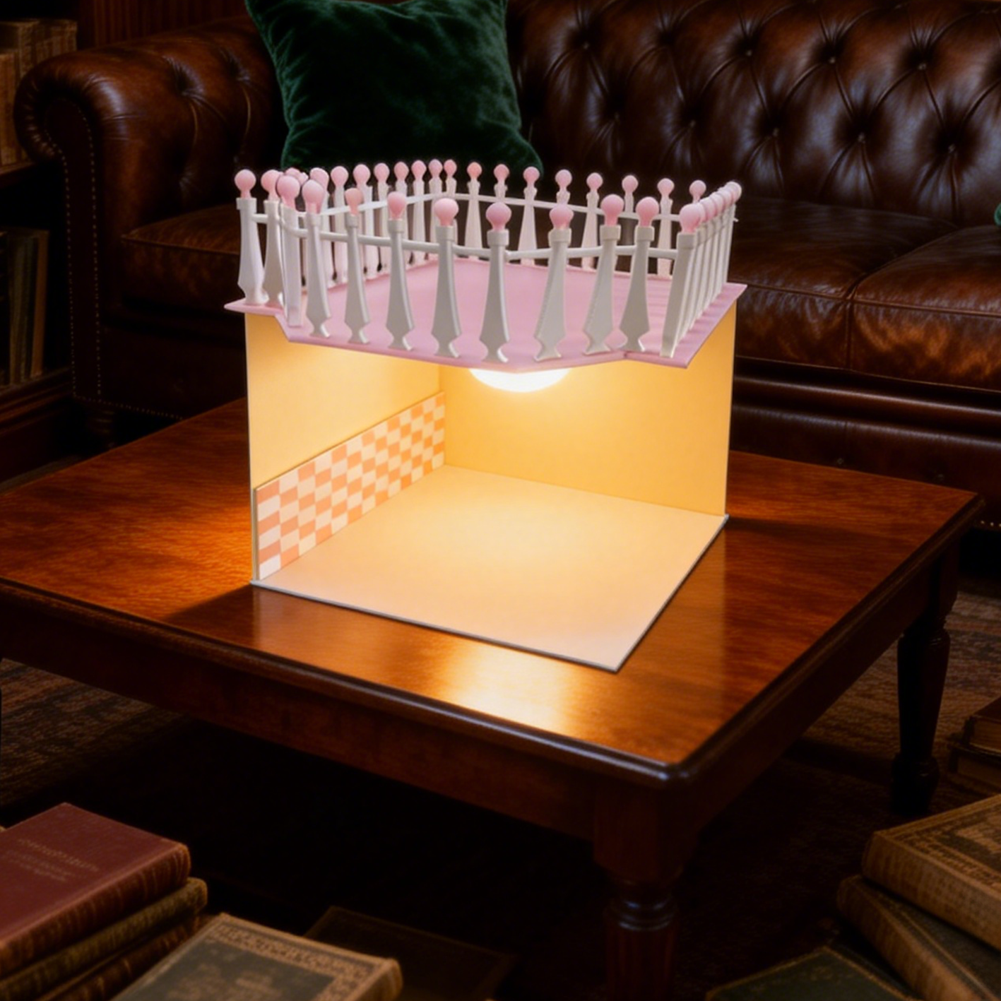 RHF330 Terrace Dessert Shop Scene Background Board Pink & White Checkered Terrace Dessert Shop Scene Backdrop (with Light)