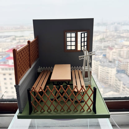 RHF121016 Courtyard 1:12 Scale Dollhouse 3D Printed Miniature Model - Garden Scene With Windmill Table And Chairs