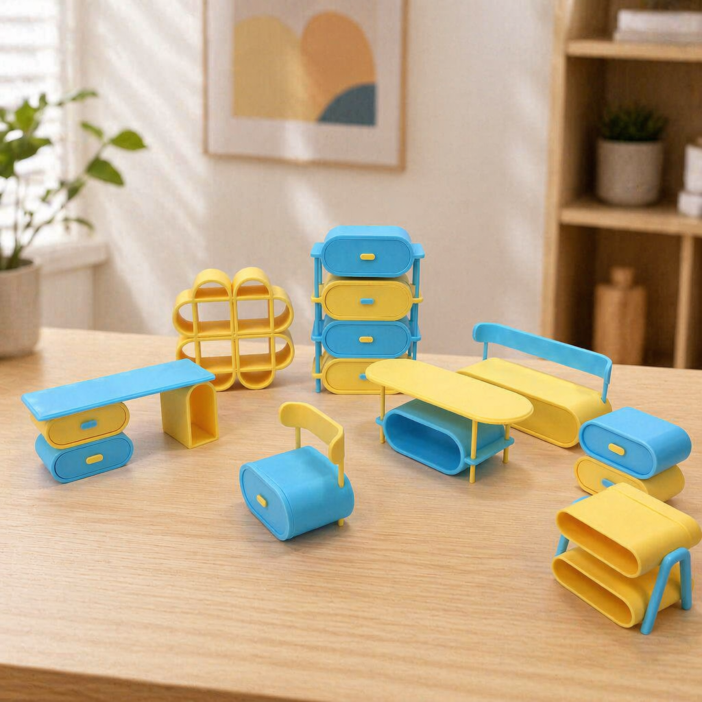 RHF541A Macaron blue and yellow color-blocked curved furniture set Macaron-colored dollhouse furniture, playful blue and yellow contrast dollhouse set, creamy-style mini furniture, dollhouse miniature scene furniture