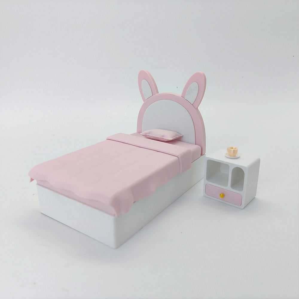 LYTP12203 1/12 Bunny-Ear Sweet Dreams Mini Princess Bed Set With Nightstand  INS Style Miniature Display Model 1:12 Scale