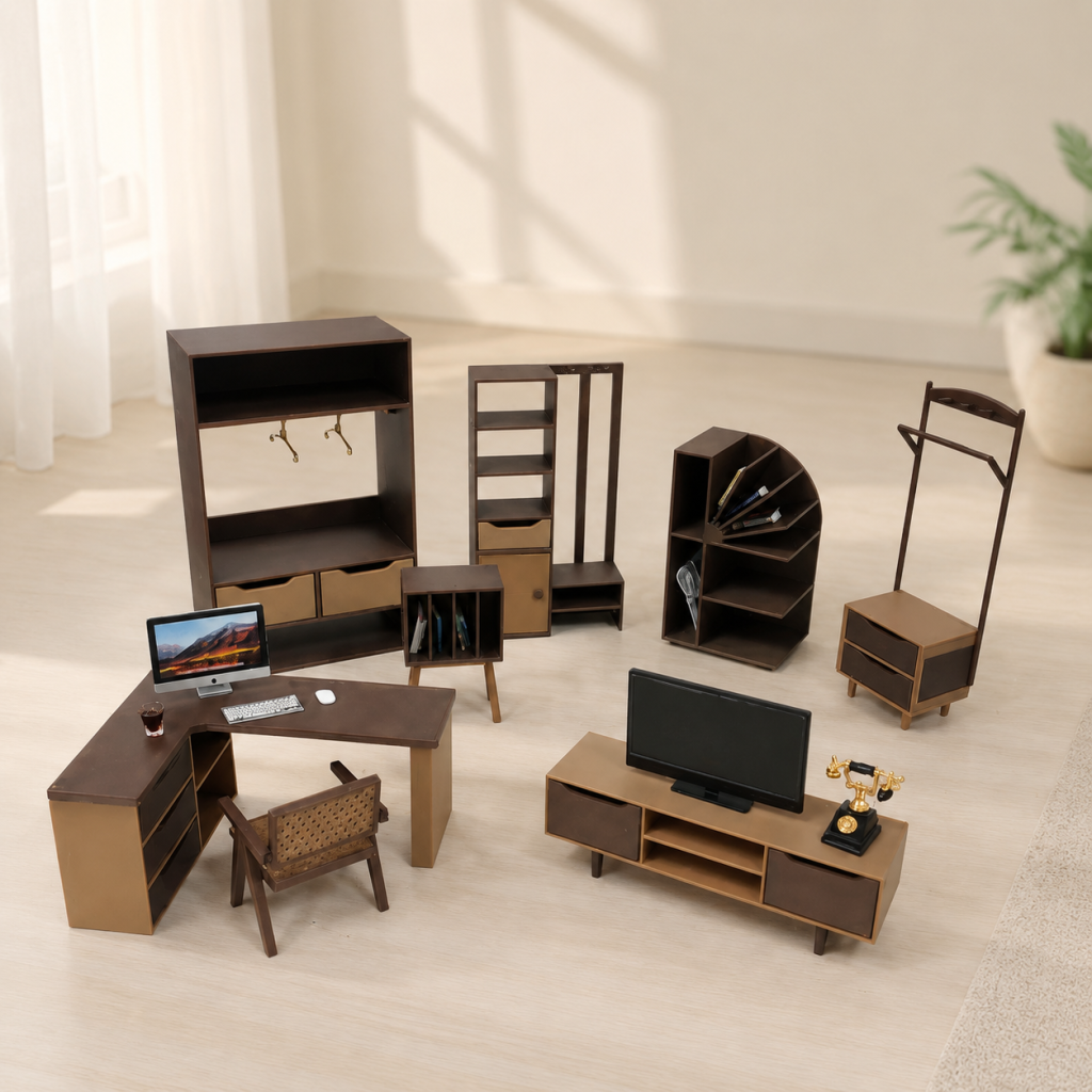 RHF0470G Modern Log-Style Computer Desk Modern miniature furniture set study and living room dollhouse accessories miniature wood-colored furniture