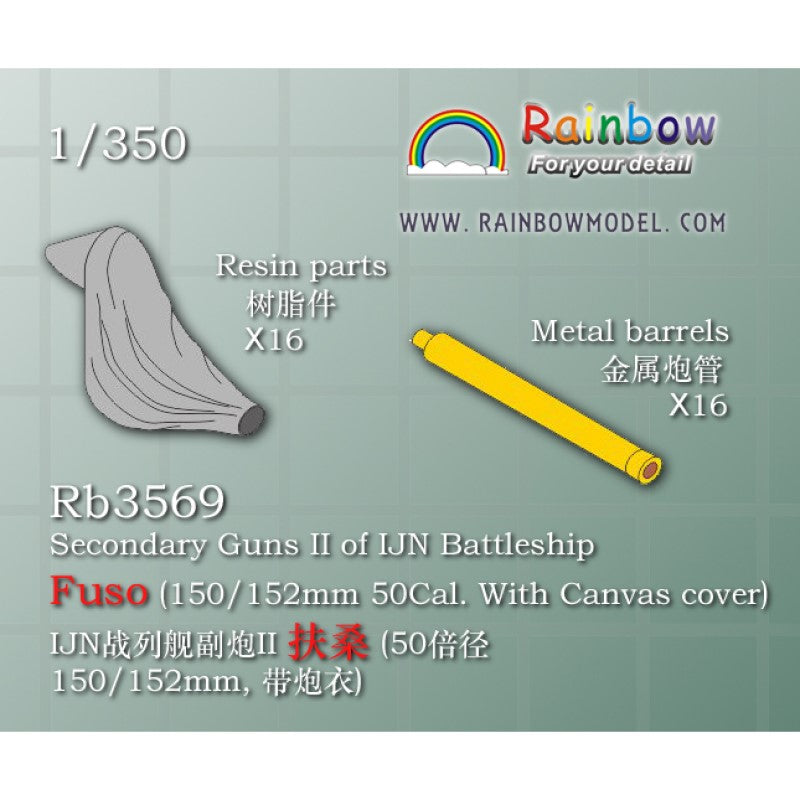 Rainbow RB3569 1/350Detail Up Secondary Guns II of IJN Battleship Fuso (150/152mm 50Cal. With Canvas cover)