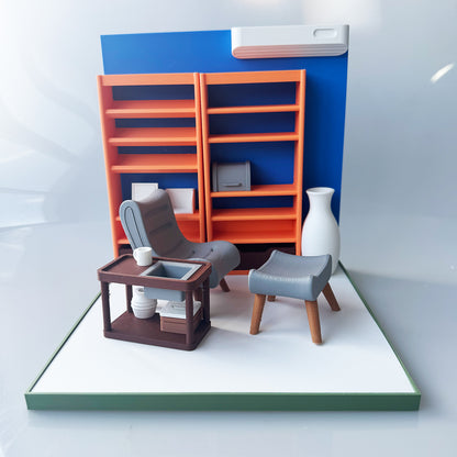 RHF121003 1/12 Resting Corner Framework 3D Printing DIY Miniature Scenes1:12 scale leisure dollhouse miniature recliner, bookshelf, tea table